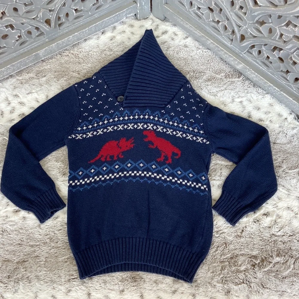The Children’s Place knit sweater boys size 3T preppy stripes dinosaurs winter